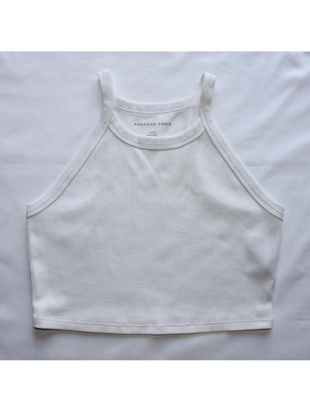 American Eagle White Waffle Knit High Neck Racerback Crop Tank Top Large